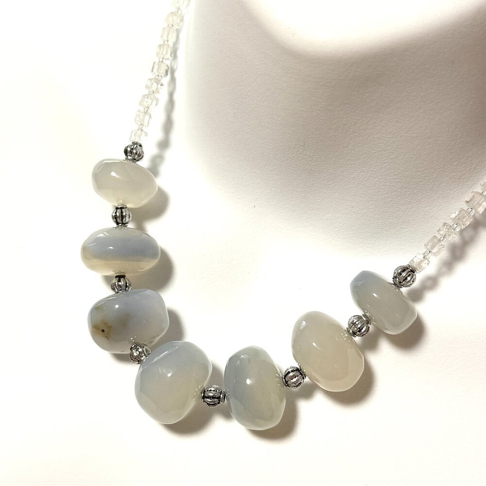 Blue Chalcedony Clear Quartz Bib Necklace,Large Genuine Gemstone Beaded Necklace